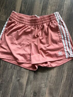adidas Coral Pink 3-Stripe Running Shorts with White Trim
